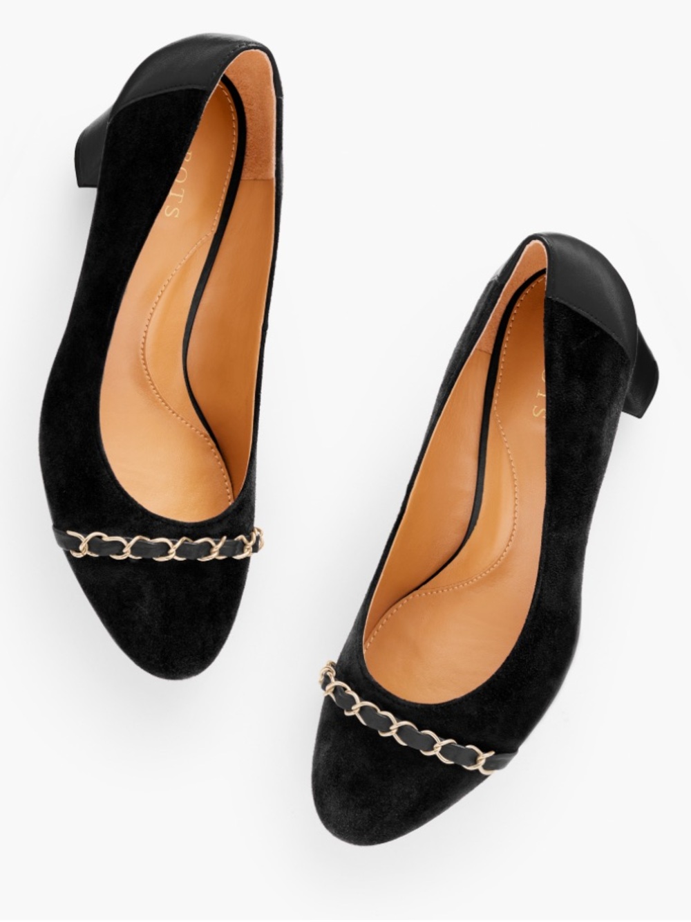 Talbots Ellery Chain Block Heel Pumps Black Suede with Gold Chain Accent
